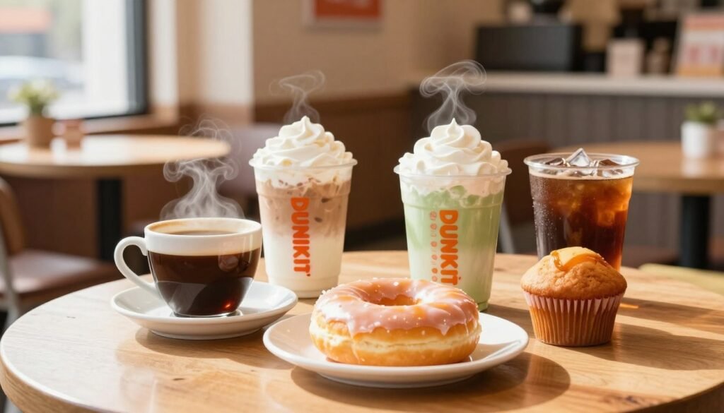 A vibrant café scene featuring a selection of Dunkin' Donuts breakfast menu beverages. In the foreground, a beautifully arranged table showcases a steaming cup of rich coffee, a colorful iced latte with a swirl of cream, and a refreshing cold brew with a hint of caramel. The middle ground includes a perfectly glazed donut and a muffin, complementing the beverages. Soft morning light filters through a nearby window, creating a warm and inviting atmosphere. The background features a cozy café interior with wooden tables and warm tones, suggesting a bustling morning vibe. The angle is slightly tilted to capture both the beverages and the inviting café setting, enhancing the overall feeling of a delightful breakfast experience.