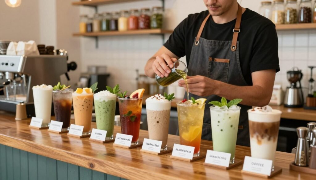 A vibrant café setting showcasing a stylish barista customizing allergy-friendly drinks. In the foreground, the barista, dressed in a neat, professional apron, carefully prepares colorful beverages with fresh ingredients like fruits, herbs, and alternative milks. In the middle ground, a variety of drink options are displayed, including smoothies, herbal teas, and iced coffee, each labeled with attractive garnishes indicating allergen-friendly ingredients. The background features a cheerful café atmosphere with soft, warm lighting that creates an inviting ambiance. A polished wooden counter adds a rustic touch, while shelves filled with glass jars of spices and fresh produce enhance the scene's creativity. The overall mood is friendly and energetic, capturing the essence of beverage customization within a welcoming environment. A vibrant café setting showcasing a stylish barista customizing allergy-friendly drinks. In the foreground, the barista, dressed in a neat, professional apron, carefully prepares colorful beverages with fresh ingredients like fruits, herbs, and alternative milks. In the middle ground, a variety of drink options are displayed, including smoothies, herbal teas, and iced coffee, each labeled with attractive garnishes indicating allergen-friendly ingredients. The background features a cheerful café atmosphere with soft, warm lighting that creates an inviting ambiance. A polished wooden counter adds a rustic touch, while shelves filled with glass jars of spices and fresh produce enhance the scene's creativity. The overall mood is friendly and energetic, capturing the essence of beverage customization within a welcoming environment.