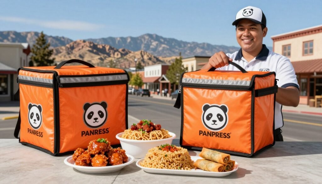 A vibrant delivery scene showcasing a Panda Express delivery set against the backdrop of Grand Junction's charming streets. In the foreground, a cheerful delivery person in a professional Panda Express uniform holds a bright orange insulated delivery bag with the logo prominently displayed. The middle ground features a variety of delicious Chinese dishes neatly packed, including orange chicken, fried rice, and spring rolls, all appealingly arranged. In the background, the scenic landscape of Grand Junction, with its dry, rocky terrain and distant mountains under a clear blue sky, adds warmth to the atmosphere. The lighting is soft and inviting, emphasizing the freshness of the food. Capture the essence of convenient delivery, with an engaging and friendly vibe. A vibrant delivery scene showcasing a Panda Express delivery set against the backdrop of Grand Junction's charming streets. In the foreground, a cheerful delivery person in a professional Panda Express uniform holds a bright orange insulated delivery bag with the logo prominently displayed. The middle ground features a variety of delicious Chinese dishes neatly packed, including orange chicken, fried rice, and spring rolls, all appealingly arranged. In the background, the scenic landscape of Grand Junction, with its dry, rocky terrain and distant mountains under a clear blue sky, adds warmth to the atmosphere. The lighting is soft and inviting, emphasizing the freshness of the food. Capture the essence of convenient delivery, with an engaging and friendly vibe.