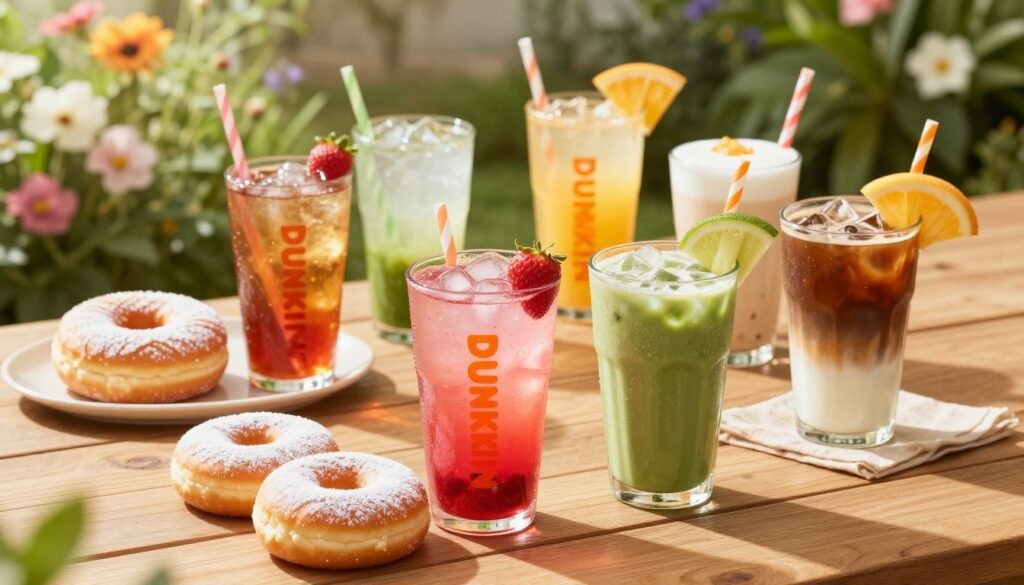 A vibrant depiction of Dunkin's summer drinks, elegantly arranged on a wooden table under bright sunlight. In the foreground, showcase a colorful array of iced beverages, including a bright pink Strawberry Iced Tea, a refreshing green Matcha Latte, and a classic iced coffee, each adorned with colorful straws and garnished with fresh fruit slices. In the middle ground, display some enticing summer pastries and donuts, lightly dusted with powdered sugar, adding to the inviting ambiance. In the background, a lush green garden with blooming flowers creates a cheerful and seasonal atmosphere. The lighting is warm and inviting, with soft sunlight highlighting the drinks, creating sparkling reflections. Capture the scene from a slightly elevated angle, ensuring a clean and engaging composition that makes the drinks appear refreshing and appealing.