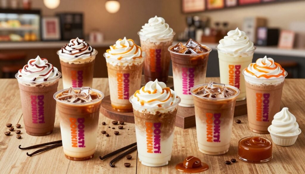 A vibrant display of Dunkin' Donuts iced coffee customization options, featuring various iced coffee cups arranged appealingly in the foreground. Each cup showcases unique customization, including colorful whipped cream toppings, flavored syrups, and ice cubes, alongside a selection of classic and trendy flavors like caramel, vanilla, and mocha. In the middle ground, there are coffee beans and fresh ingredients like vanilla pods, caramel sauce, and whipped cream, enhancing the freshness of the scene. The background is a soft-focus image of a cozy café setting with warm lighting, evoking a welcoming atmosphere. Use a warm color palette with a focus on rich browns and creamy whites, shot at a slight aerial angle to capture all the delightful details and create a refreshing mood. A vibrant display of Dunkin' Donuts iced coffee customization options, featuring various iced coffee cups arranged appealingly in the foreground. Each cup showcases unique customization, including colorful whipped cream toppings, flavored syrups, and ice cubes, alongside a selection of classic and trendy flavors like caramel, vanilla, and mocha. In the middle ground, there are coffee beans and fresh ingredients like vanilla pods, caramel sauce, and whipped cream, enhancing the freshness of the scene. The background is a soft-focus image of a cozy café setting with warm lighting, evoking a welcoming atmosphere. Use a warm color palette with a focus on rich browns and creamy whites, shot at a slight aerial angle to capture all the delightful details and create a refreshing mood.