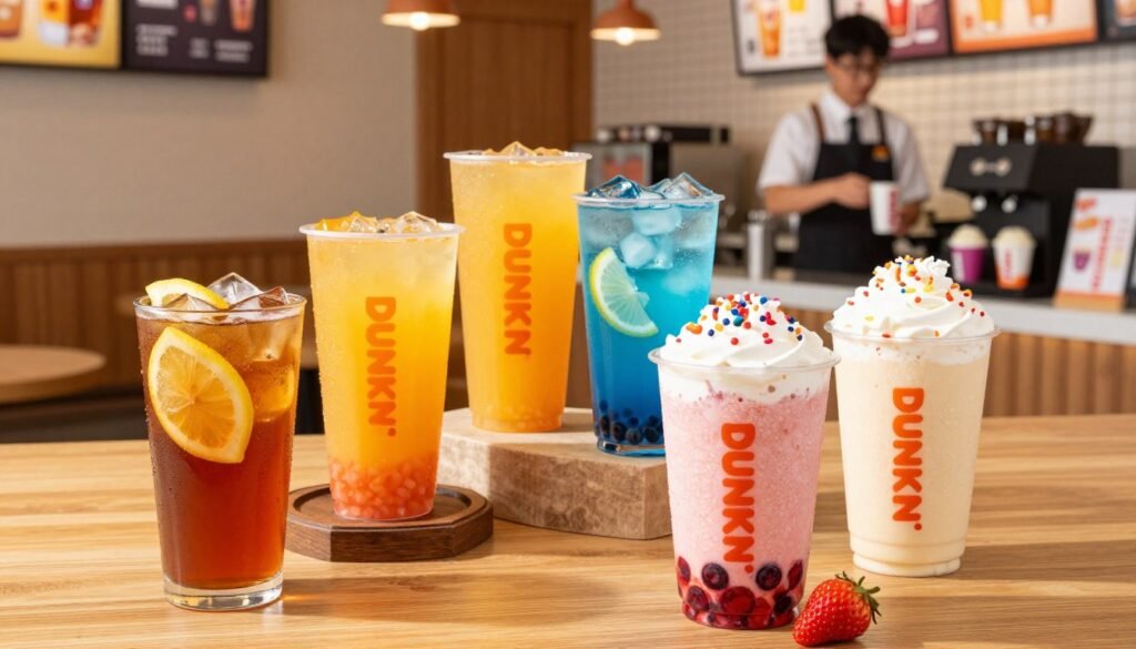 A vibrant display of Dunkin' Donuts non-coffee beverage options, featuring an assortment of colorful drinks in a well-lit cafe setting. In the foreground, a refreshing iced tea with lemon slices, a strawberry refreshers drink filled with berries, and a creamy, frosty vanilla bean coolatta adorned with whipped cream and sprinkles. In the middle, highlight a variety of juice options like orange juice and blueberry lemonade in cheerful, transparent cups. The background showcases the cozy Dunkin' Donuts cafe ambiance, with warm lighting, wooden accents, and a friendly barista in professional attire serving drinks. The scene conveys an inviting, cheerful atmosphere, perfect for enjoying these delicious beverages. A vibrant display of Dunkin' Donuts non-coffee beverage options, featuring an assortment of colorful drinks in a well-lit cafe setting. In the foreground, a refreshing iced tea with lemon slices, a strawberry refreshers drink filled with berries, and a creamy, frosty vanilla bean coolatta adorned with whipped cream and sprinkles. In the middle, highlight a variety of juice options like orange juice and blueberry lemonade in cheerful, transparent cups. The background showcases the cozy Dunkin' Donuts cafe ambiance, with warm lighting, wooden accents, and a friendly barista in professional attire serving drinks. The scene conveys an inviting, cheerful atmosphere, perfect for enjoying these delicious beverages.