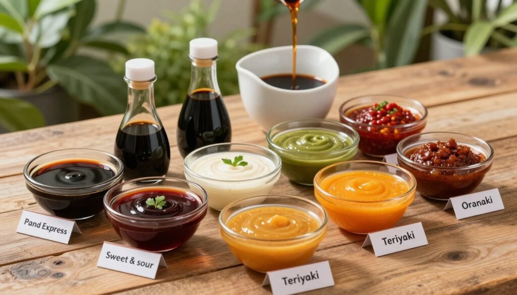 A vibrant display of Panda Express vegan sauces arranged artistically on a rustic wooden table. In the foreground, showcase an array of colorful dipping sauces in small glass bowls, with labels indicating flavors like Sweet & Sour, Orange, and Teriyaki. The middle section captures condiments such as soy sauce and chili paste, elegantly poured into stylish vessels. In the background, softly blurred, present a lush green garden to evoke a fresh, healthy atmosphere. Utilize warm, natural lighting to illuminate the sauces, creating a welcoming ambiance. The angle should be slightly above the table, focusing on the culinary aspects, highlighting the richness and diversity of flavors while maintaining an appetizing presentation. A vibrant display of Panda Express vegan sauces arranged artistically on a rustic wooden table. In the foreground, showcase an array of colorful dipping sauces in small glass bowls, with labels indicating flavors like Sweet & Sour, Orange, and Teriyaki. The middle section captures condiments such as soy sauce and chili paste, elegantly poured into stylish vessels. In the background, softly blurred, present a lush green garden to evoke a fresh, healthy atmosphere. Utilize warm, natural lighting to illuminate the sauces, creating a welcoming ambiance. The angle should be slightly above the table, focusing on the culinary aspects, highlighting the richness and diversity of flavors while maintaining an appetizing presentation.