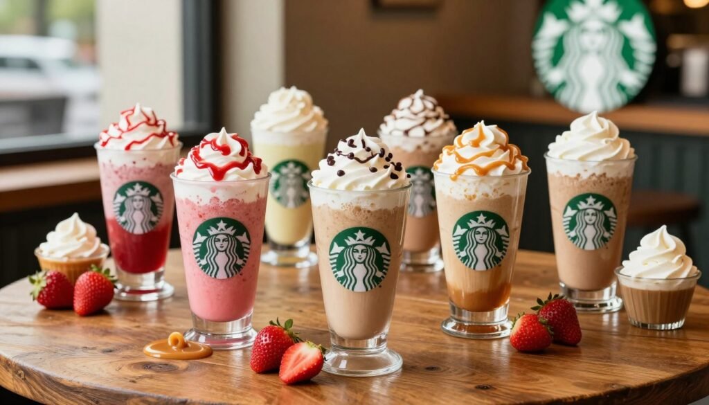 A vibrant display of Starbucks Creme Frappuccino flavors arranged artistically on a rustic wooden table. In the foreground, tall, clear cups showcase colorful layers of creamy beverages, including strawberry, vanilla bean, and caramel flavors, topped with whipped cream and drizzles. In the middle ground, a selection of ingredients like fresh strawberries, caramel sauce, and whipped cream adorn the scene, hinting at the flavors. The background features a softly blurred Starbucks logo sign, evoking a cozy café atmosphere. Natural light filters through a nearby window, illuminating the drinks and creating a warm, inviting ambiance. The composition captures the essence of indulgence and refreshment, perfect for non-coffee drinkers. A vibrant display of Starbucks Creme Frappuccino flavors arranged artistically on a rustic wooden table. In the foreground, tall, clear cups showcase colorful layers of creamy beverages, including strawberry, vanilla bean, and caramel flavors, topped with whipped cream and drizzles. In the middle ground, a selection of ingredients like fresh strawberries, caramel sauce, and whipped cream adorn the scene, hinting at the flavors. The background features a softly blurred Starbucks logo sign, evoking a cozy café atmosphere. Natural light filters through a nearby window, illuminating the drinks and creating a warm, inviting ambiance. The composition captures the essence of indulgence and refreshment, perfect for non-coffee drinkers.