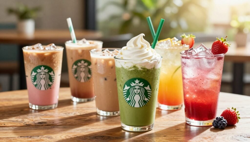 A vibrant display of Starbucks cold drinks artistically arranged on a rustic wooden table. In the foreground, a tall glass of iced matcha latte with a creamy swirl on top, and another glass filled with a sparkling strawberry acai refresher adorned with fresh berries. The middle features a small assortment of colorful iced coffees with decorative straws and condensation droplets on the glasses, showcasing the refreshing nature of the beverages. The background is softly blurred, hinting at a bright outdoor café setting with greenery and soft sunlight filtering through, creating a warm and inviting atmosphere. The overall mood is refreshing and energizing, ideal for a sunny day. The image should be bright and crisp, captured with a shallow depth of field to focus on the drinks.