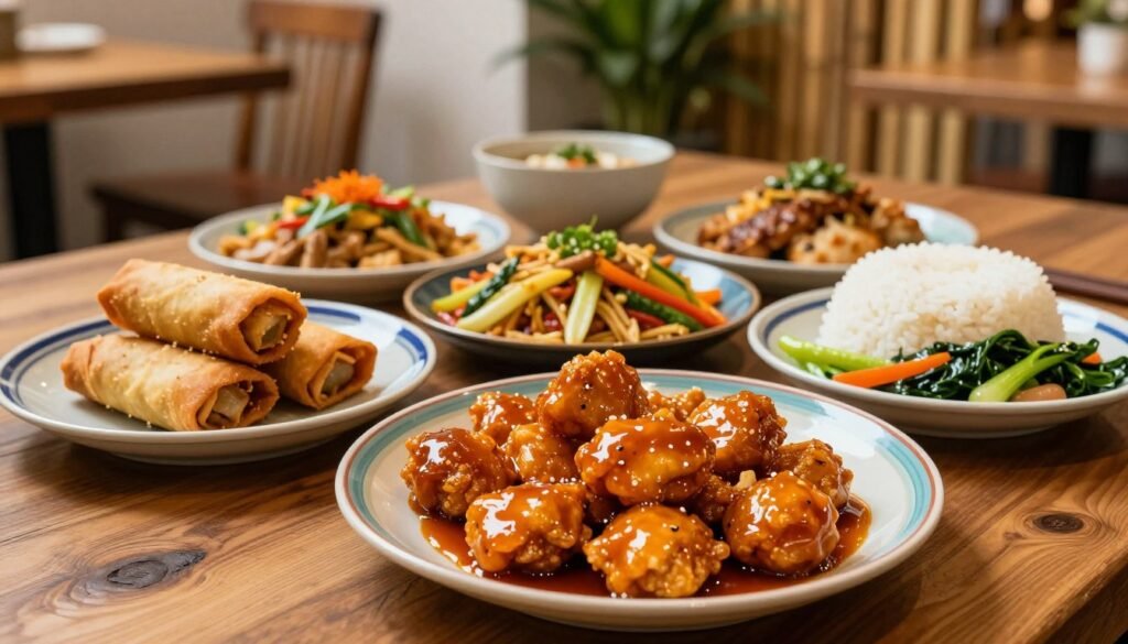 A vibrant display of gluten-free options featuring a variety of delicious dishes inspired by Asian cuisine. In the foreground, a colorful plate showcasing a generous serving of gluten-free orange chicken, beautifully glazed with a shiny sauce, placed next to a bowl of steamed jasmine rice and sautéed vegetables. In the middle, a tantalizing spread of gluten-free appetizers like crispy egg rolls and vegetable stir-fry, all arranged on a rustic wooden table. In the background, soft-focus elements of a modern restaurant setting, highlighting bamboo accents and decorative plants. The lighting is warm and inviting, creating a cozy atmosphere. Capture this scene from a slightly elevated angle to emphasize the layout of the food, showcasing the vibrant colors and textures for an appetizing feel.