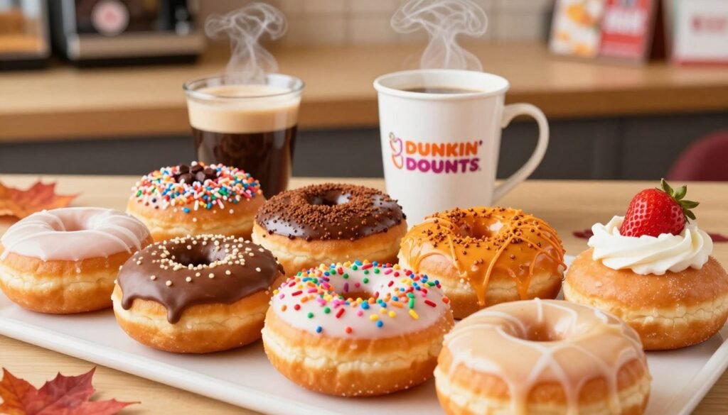 A vibrant, enticing display of Dunkin' donuts off-menu items, including seasonal flavors like pumpkin spice and strawberry shortcake. In the foreground, an array of uniquely decorated donuts, some drizzled with seasonal glazes and topped with colorful sprinkles. The middle ground features a cozy coffee shop setting, with a steaming cup of fresh coffee paired alongside the donuts, all softly illuminated by warm, inviting lighting. In the background, hints of autumn leaves and festive decorations subtly suggest the seasonal theme, creating a welcoming atmosphere. Capture the scene with a shallow depth of field, focusing on the vibrant donuts while softly blurring the background, evoking a sense of comfort and indulgence. A vibrant, enticing display of Dunkin' donuts off-menu items, including seasonal flavors like pumpkin spice and strawberry shortcake. In the foreground, an array of uniquely decorated donuts, some drizzled with seasonal glazes and topped with colorful sprinkles. The middle ground features a cozy coffee shop setting, with a steaming cup of fresh coffee paired alongside the donuts, all softly illuminated by warm, inviting lighting. In the background, hints of autumn leaves and festive decorations subtly suggest the seasonal theme, creating a welcoming atmosphere. Capture the scene with a shallow depth of field, focusing on the vibrant donuts while softly blurring the background, evoking a sense of comfort and indulgence.