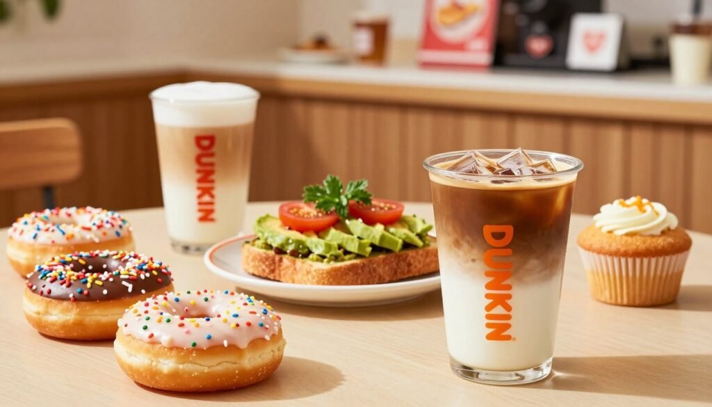 A vibrant, inviting table setting with a selection of dairy-free beverages and snacks inspired by Dunkin'. In the foreground, showcase an iced coffee in a clear cup with almond milk and a rich espresso shot, alongside a colorful array of dairy-free doughnuts topped with sprinkles. In the middle, feature a cozy scene with a small plate of savory avocado toast with tomato, garnished with fresh herbs, and a dairy-free muffin. The background can include a softly blurred café ambiance with warm lighting, wooden accents, and Dunkin' decor items, creating a welcoming atmosphere. Capture the scene using a warm color palette, emphasizing a cheerful and friendly mood, ideal for lactose-intolerant and allergy-sensitive individuals. Use a shallow depth of field to keep the focus on the enticing food and drinks. A vibrant, inviting table setting with a selection of dairy-free beverages and snacks inspired by Dunkin'. In the foreground, showcase an iced coffee in a clear cup with almond milk and a rich espresso shot, alongside a colorful array of dairy-free doughnuts topped with sprinkles. In the middle, feature a cozy scene with a small plate of savory avocado toast with tomato, garnished with fresh herbs, and a dairy-free muffin. The background can include a softly blurred café ambiance with warm lighting, wooden accents, and Dunkin' decor items, creating a welcoming atmosphere. Capture the scene using a warm color palette, emphasizing a cheerful and friendly mood, ideal for lactose-intolerant and allergy-sensitive individuals. Use a shallow depth of field to keep the focus on the enticing food and drinks.