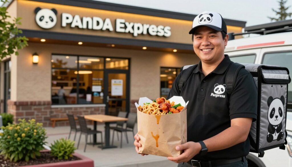 A vibrant scene depicting a Panda Express delivery at Great Falls. In the foreground, a cheerful delivery person in a professional Panda Express uniform stands beside a branded delivery vehicle, holding a deliciously packed takeout bag filled with colorful Chinese dishes like orange chicken, chow mein, and steamed vegetables. In the middle ground, an inviting curbside setting with fresh greenery and a cozy outdoor seating area reflects the local charm of Great Falls. In the background, the distinctive architecture of a Panda Express restaurant is visible, with warm golden lighting highlighting the welcoming atmosphere. The overall mood is friendly and convenient, evoking the satisfaction of enjoying flavorful meals delivered right to your doorstep. The angle captures the essence of an enjoyable takeout experience, focusing on delicious food and local flair. A vibrant scene depicting a Panda Express delivery at Great Falls. In the foreground, a cheerful delivery person in a professional Panda Express uniform stands beside a branded delivery vehicle, holding a deliciously packed takeout bag filled with colorful Chinese dishes like orange chicken, chow mein, and steamed vegetables. In the middle ground, an inviting curbside setting with fresh greenery and a cozy outdoor seating area reflects the local charm of Great Falls. In the background, the distinctive architecture of a Panda Express restaurant is visible, with warm golden lighting highlighting the welcoming atmosphere. The overall mood is friendly and convenient, evoking the satisfaction of enjoying flavorful meals delivered right to your doorstep. The angle captures the essence of an enjoyable takeout experience, focusing on delicious food and local flair.