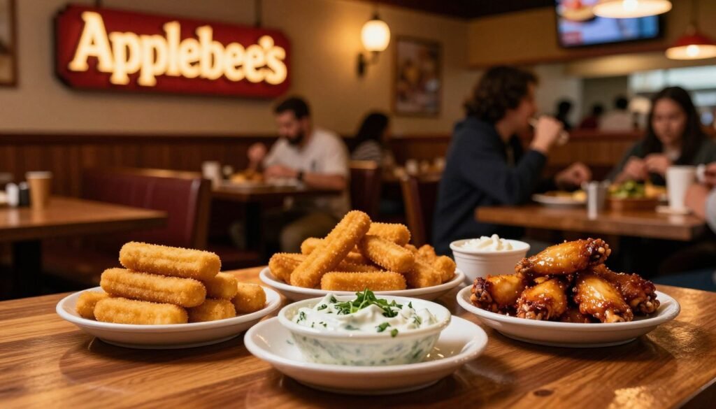 A vibrant scene depicting a close-up view of Applebee's late-night half-price appetizer specials. In the foreground, an enticing spread of mouthwatering appetizers including mozzarella sticks, chicken wings, and spinach dip is artfully arranged on a polished wooden table. The middle layer showcases a cozy booth setting with rich, warm lighting that creates a welcoming atmosphere, inviting customers to indulge in the specials. In the background, softly blurred visuals of the Applebee's restaurant logo and other diners enjoying their meals enhance the ambiance. The overall mood is relaxed and social, capturing the essence of a lively, late-night dining experience, photographed with natural lighting for an inviting glow. A vibrant scene depicting a close-up view of Applebee's late-night half-price appetizer specials. In the foreground, an enticing spread of mouthwatering appetizers including mozzarella sticks, chicken wings, and spinach dip is artfully arranged on a polished wooden table. The middle layer showcases a cozy booth setting with rich, warm lighting that creates a welcoming atmosphere, inviting customers to indulge in the specials. In the background, softly blurred visuals of the Applebee's restaurant logo and other diners enjoying their meals enhance the ambiance. The overall mood is relaxed and social, capturing the essence of a lively, late-night dining experience, photographed with natural lighting for an inviting glow.