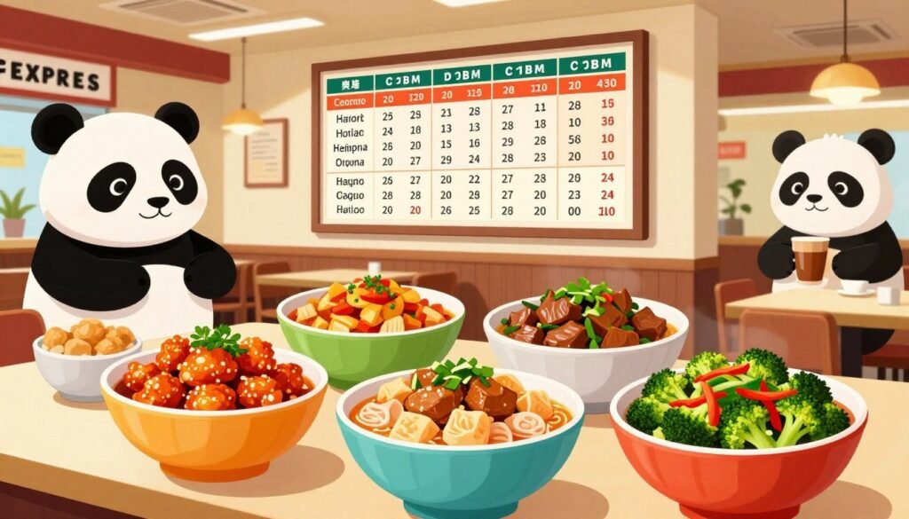 A vibrant, stylized illustration of a Panda Express restaurant interior, emphasizing a visually appealing display of various menu items. In the foreground, showcase a variety of colorful bowls filled with popular dishes, like orange chicken and broccoli beef, artfully presented to highlight their textures and freshness. In the middle, a large, detailed calorie count chart hangs on a wall, featuring numbers for each item in an organized and easy-to-read format. The background displays the restaurant's inviting decor, with bright lighting that enhances the warm, welcoming atmosphere. Use a slight overhead angle to capture the depth of the scene, evoking a mood of health-conscious dining and choice. The overall image conveys the theme of moderation in enjoying flavorful yet calorie-conscious meals.