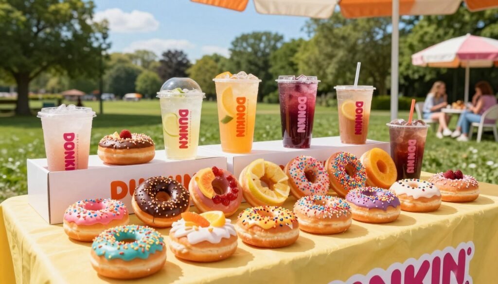 A vibrant summer scene featuring a stylish Dunkin Donuts promotional display, showcasing a colorful array of seasonal donuts and refreshing iced beverages. In the foreground, a table adorned with a bright tablecloth holds an assortment of donuts decorated with summer-themed toppings like fruit slices and sprinkles. In the middle ground, a background of sunny skies and green park scenery enhances the outdoor vibe, with people casually enjoying their treats in the distance. Use bright, cheerful lighting to evoke a warm, inviting atmosphere, perfect for a summer day. Capture this scene with a wide-angle lens to emphasize the abundance of donuts and beverages, all presented in a fun, energetic style that complements Dunkin's summer promotions.