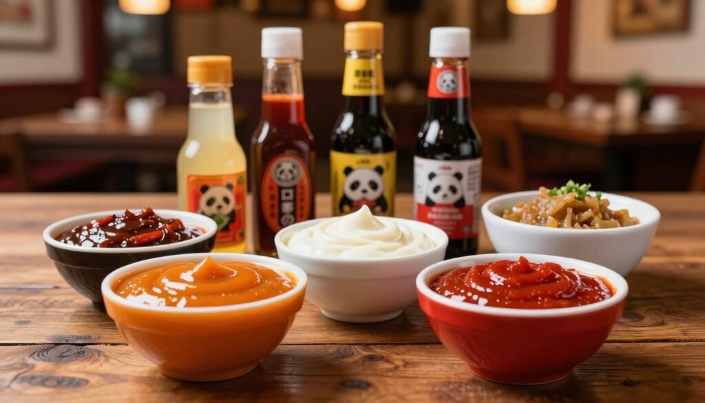 A vibrant, visually enticing display of various Panda Express sauces in small bowls arranged artistically on a rustic wooden table. The foreground features a rich, glossy orange sauce, a creamy white sauce, and a vibrant red sauce, each with a unique texture illustrating their distinct flavors. In the middle, condiment bottles are styled elegantly, showcasing labels that hint at their ingredients, like chili garlic and sweet soy. The background fades into a softly focused Chinese restaurant interior, with warm ambient lighting creating an inviting atmosphere. A close-up shot, captured from a slight angle to emphasize the sauces' colors, evokes a sense of culinary adventure and discovery. The mood is playful and appetizing, inviting viewers to explore these secret combinations.