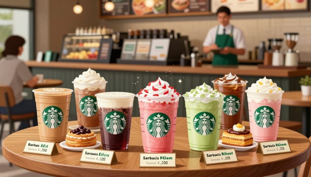 A visually appealing digital illustration showcasing Starbucks hidden menu nutritional information. In the foreground, a sleek wooden table displays an array of colorful, well-presented secret menu beverages and pastries, each with small, elegant labels indicating their calorie counts and key nutritional aspects. In the middle ground, a subtle sparkle effect highlights the drinks, emphasizing their vibrant colors against the warm tones of the wooden table. The background features a softly blurred Starbucks ambiance, with cozy seating areas and friendly baristas in professional attire serving customers, all warmly lit to create an inviting atmosphere. The overall mood should inspire curiosity and nourishment, encouraging thoughtful exploration of these unique menu items. A visually appealing digital illustration showcasing Starbucks hidden menu nutritional information. In the foreground, a sleek wooden table displays an array of colorful, well-presented secret menu beverages and pastries, each with small, elegant labels indicating their calorie counts and key nutritional aspects. In the middle ground, a subtle sparkle effect highlights the drinks, emphasizing their vibrant colors against the warm tones of the wooden table. The background features a softly blurred Starbucks ambiance, with cozy seating areas and friendly baristas in professional attire serving customers, all warmly lit to create an inviting atmosphere. The overall mood should inspire curiosity and nourishment, encouraging thoughtful exploration of these unique menu items.