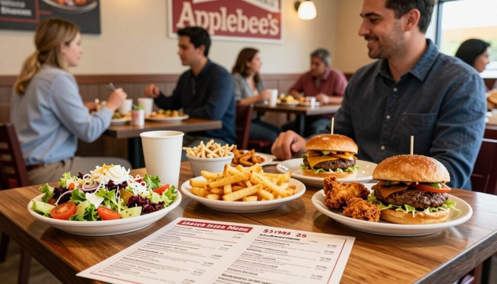 A visually appealing presentation of Applebee's $5.99 Lunch Menu featuring an inviting table setting in a casual dining atmosphere. In the foreground, showcase a wooden table adorned with a variety of enticing dishes from the lunch menu, including a vibrant salad, savory burgers, and crispy chicken. The middle ground should feature a warm, well-lit dining area with friendly customers enjoying their meals, dressed in smart casual attire, engaging in lively conversation. The background may include the Applebee's logo subtly displayed on the wall. Use natural lighting to create a welcoming vibe, capturing the essence of affordable, delicious dining. The angle should be slightly elevated, giving a clear view of both the food and the ambiance, evoking satisfaction and value. A visually appealing presentation of Applebee's $5.99 Lunch Menu featuring an inviting table setting in a casual dining atmosphere. In the foreground, showcase a wooden table adorned with a variety of enticing dishes from the lunch menu, including a vibrant salad, savory burgers, and crispy chicken. The middle ground should feature a warm, well-lit dining area with friendly customers enjoying their meals, dressed in smart casual attire, engaging in lively conversation. The background may include the Applebee's logo subtly displayed on the wall. Use natural lighting to create a welcoming vibe, capturing the essence of affordable, delicious dining. The angle should be slightly elevated, giving a clear view of both the food and the ambiance, evoking satisfaction and value.