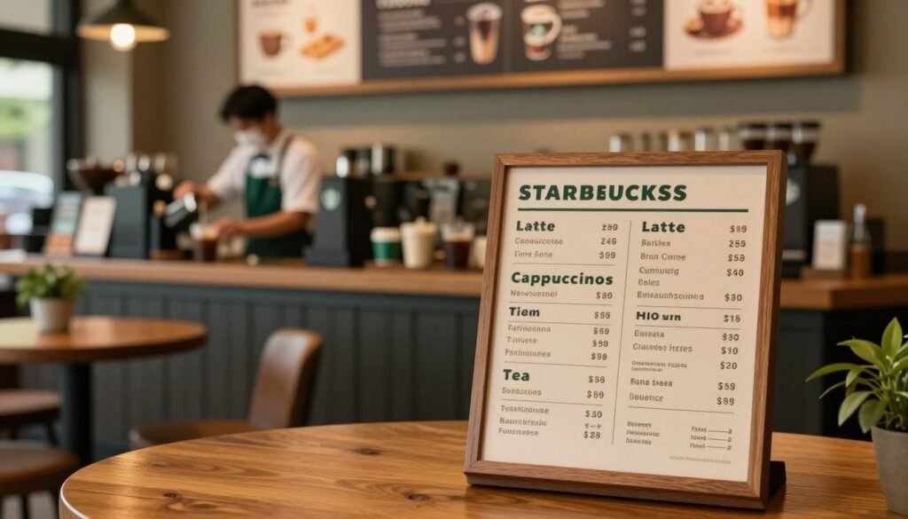 A visually appealing representation of a Starbucks menu board displaying various coffee items and prices. In the foreground, focus on a polished wooden menu board with elegant typography showcasing items like lattes, cappuccinos, and teas, each next to their price. The middle layer includes a warm, inviting coffee shop ambiance with hints of subtle greenery, featuring rustic wooden tables and soft seating arrangements. In the background, softly blurred images of baristas in professional attire skillfully preparing drinks behind a counter, conveying a sense of bustling activity. The lighting is warm and natural, creating a cozy atmosphere, with a soft focus effect that highlights the menu while maintaining a comfortable, inviting feel typical of a Starbucks setting. The image should evoke feelings of warmth and community around coffee culture.