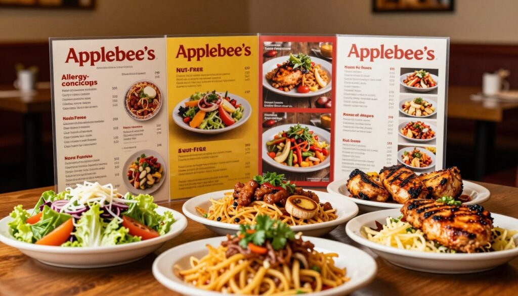 A visually engaging image of a beautifully arranged Applebee's allergy-conscious menu, specifically focusing on nut allergy considerations. In the foreground, showcase a diverse selection of colorful and appetizing dishes, including salads, grilled chicken, and side options that are labeled "Nut-Free." In the middle, present a wooden table with the menus creatively displayed, featuring vibrant colors and appealing food photography. The background should blur slightly, hinting at a warm, inviting Applebee's restaurant atmosphere with soft lighting that enhances the colors of the food. Use a shallow depth of field to draw attention to the menu highlights and dishes, creating a cozy and reassuring mood for diners concerned about allergies.