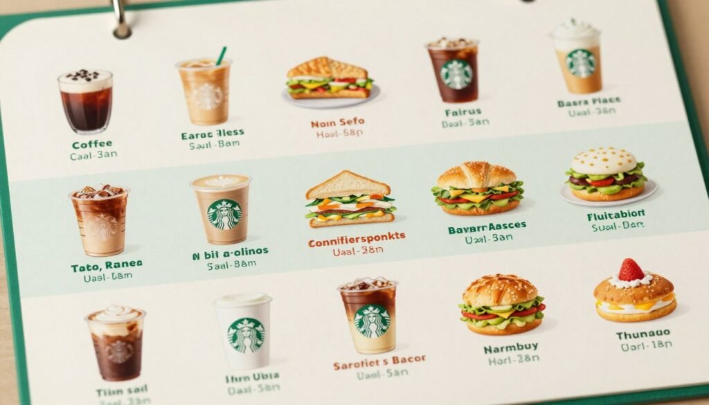 A visually engaging infographic displaying Starbucks nutrition information, set against a clean, neutral background that emphasizes clarity. In the foreground, meticulously organized icons representing popular Starbucks beverages and food items, such as coffees, teas, sandwiches, and pastries, each accompanied by colorful, stylized nutrition facts like calories, fat, sugar, and protein. The middle layer includes a subtle gradient to enhance depth, while icons are placed in a grid layout for easy readability. Soft, natural lighting creates an inviting atmosphere, highlighting the freshness of the food and drinks. A slight tilt-down angle captures the infographic's details effectively, inviting viewers to explore the nutritional content in a visually appealing manner. The overall mood is informative and uplifting, perfect for health-conscious readers.
