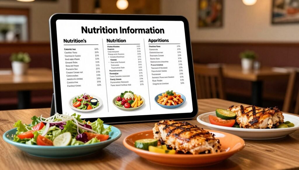 A visually engaging layout of Applebee's nutrition information, featuring a detailed menu with various balanced meal options designed to appeal to health-conscious diners. In the foreground, a well-organized table displays colorful plates of food, including a vibrant salad, grilled chicken, and a side of seasonal vegetables, all artistically arranged. In the middle, a sleek tablet showcases clear nutrition facts next to the dishes, with vibrant visuals emphasizing calories, protein, and other key nutrients. The background features a cozy restaurant ambiance with warm lighting, wooden accents, and soft-focus seating, conveying a welcoming atmosphere. The overall mood is friendly and informative, perfect for encouraging healthy dining choices. A visually engaging layout of Applebee's nutrition information, featuring a detailed menu with various balanced meal options designed to appeal to health-conscious diners. In the foreground, a well-organized table displays colorful plates of food, including a vibrant salad, grilled chicken, and a side of seasonal vegetables, all artistically arranged. In the middle, a sleek tablet showcases clear nutrition facts next to the dishes, with vibrant visuals emphasizing calories, protein, and other key nutrients. The background features a cozy restaurant ambiance with warm lighting, wooden accents, and soft-focus seating, conveying a welcoming atmosphere. The overall mood is friendly and informative, perfect for encouraging healthy dining choices.
