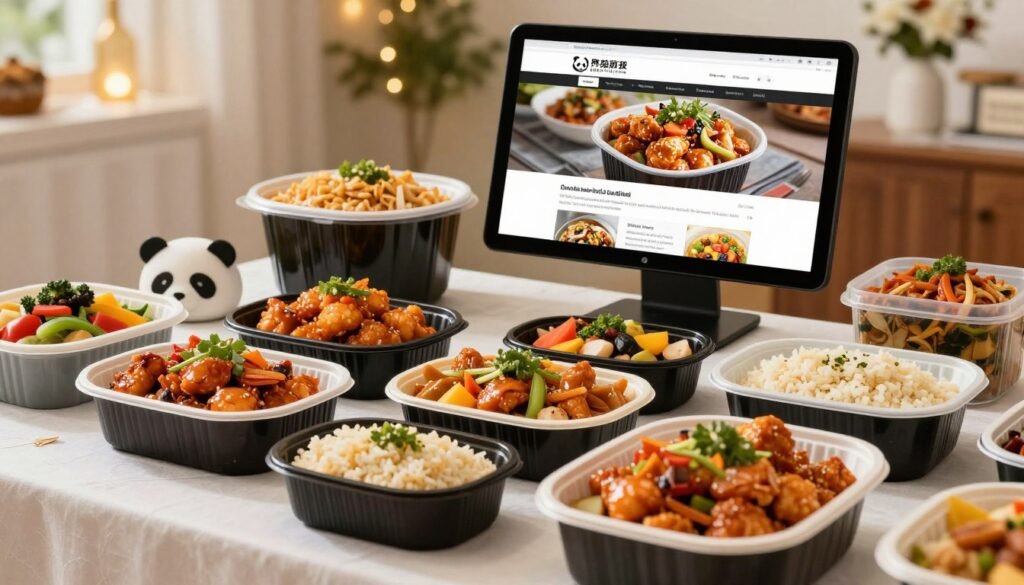 A visually enticing display of a Panda Express catering order, featuring a large, elegantly arranged table filled with an assortment of colorful dishes such as orange chicken, fried rice, and mixed vegetables. In the foreground, showcase seamless containers of food, beautifully steamed and garnished, inviting viewers to imagine the delicious flavors. In the middle ground, a computer or tablet can be seen with the Panda Express website open, highlighting the catering menu online. The background should feature a bright and welcoming event space, perhaps with festive decorations, soft lighting, and a warm atmosphere. The scene conveys the excitement and convenience of ordering catering for an upcoming celebration, captured with a professional lens that enhances the vibrancy of the food while emphasizing clarity and focus.