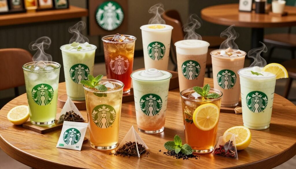 A well-arranged display of Starbucks tea options, showcasing a variety of colorful tea beverages, including iced green tea, chai tea latte, and herbal infusions, all beautifully presented in elegant glassware. The foreground features a luxurious wooden table with steaming cups of tea garnished with fresh mint and lemon slices, along with attractive tea bags and loose tea leaves. In the middle ground, a stylish Starbucks sign can subtly indicate the brand. The background features a cozy café setting with soft, warm lighting that creates an inviting atmosphere, hinting at a bustling environment but focusing on the tea offerings. The composition should be vividly vibrant, with an emphasis on freshness and health, captured from an overhead angle to highlight the variety and detail of the drinks. A well-arranged display of Starbucks tea options, showcasing a variety of colorful tea beverages, including iced green tea, chai tea latte, and herbal infusions, all beautifully presented in elegant glassware. The foreground features a luxurious wooden table with steaming cups of tea garnished with fresh mint and lemon slices, along with attractive tea bags and loose tea leaves. In the middle ground, a stylish Starbucks sign can subtly indicate the brand. The background features a cozy café setting with soft, warm lighting that creates an inviting atmosphere, hinting at a bustling environment but focusing on the tea offerings. The composition should be vividly vibrant, with an emphasis on freshness and health, captured from an overhead angle to highlight the variety and detail of the drinks.