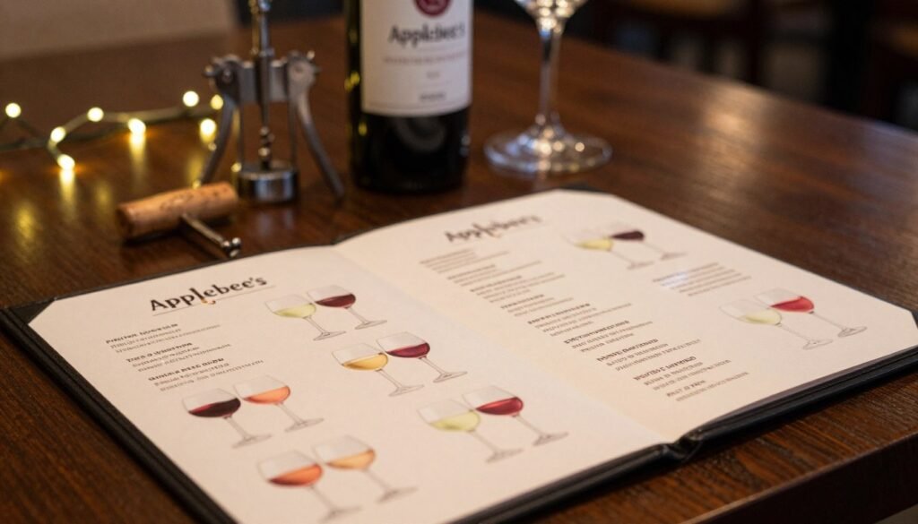 An elegant display of an Applebee's wine list arranged on a dark wooden table, with a softly lit ambiance creating a warm, inviting atmosphere. In the foreground, a neatly printed wine menu is partially open, showcasing an array of wine selections including red, white, and rosé options, illustrated with small wine glasses filled with different colors of wine beside it. In the middle, a few decorative items like a corkscrew and wine bottle can be seen, enhancing the theme. The background subtly features a hint of an Applebee's restaurant interior, with warm string lights twinkling softly, adding to the cozy and relaxed mood. The lighting is soft and diffuse, emulating the intimate dining experience typical of the restaurant.