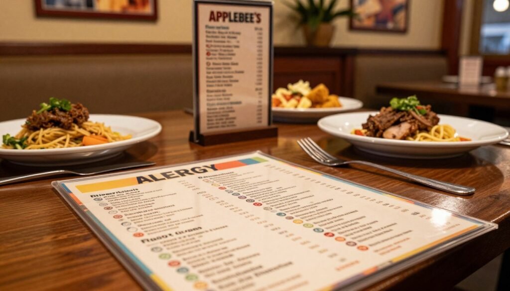 An inviting dining table at Applebee's, showcasing a neatly arranged allergy menu in a warm, ambient setting. In the foreground, focus on the colorful allergy menu printed on high-quality paper, listing various allergy-friendly dishes with clear symbols for common allergens like nuts, gluten, and dairy. The middle ground features a cozy booth with a menu holder, surrounded by appetizing dishes on plates, elegantly presented, emphasizing freshness and variety. Soft, warm lighting illuminates the scene, casting gentle shadows to enhance the inviting atmosphere. In the background, glimpses of Applebee's signature decor can be seen, with tasteful wall art and plants contributing to a friendly, safe dining environment. The overall mood conveys comfort and assurance, ideal for guests with food allergies looking for safe dining options.